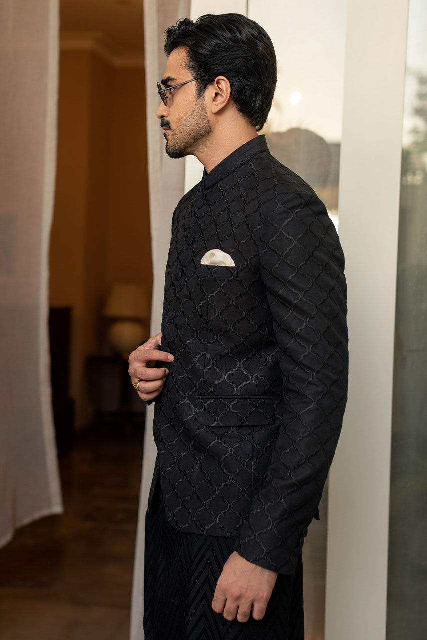 Black Embroidered Raw Silk Waistcoat Kurta (3-Piece) - Image 5