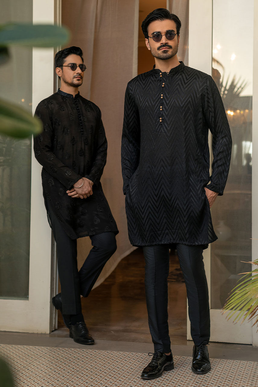 Black Embroidered Raw Silk Waistcoat Kurta (3-Piece) - Image 6
