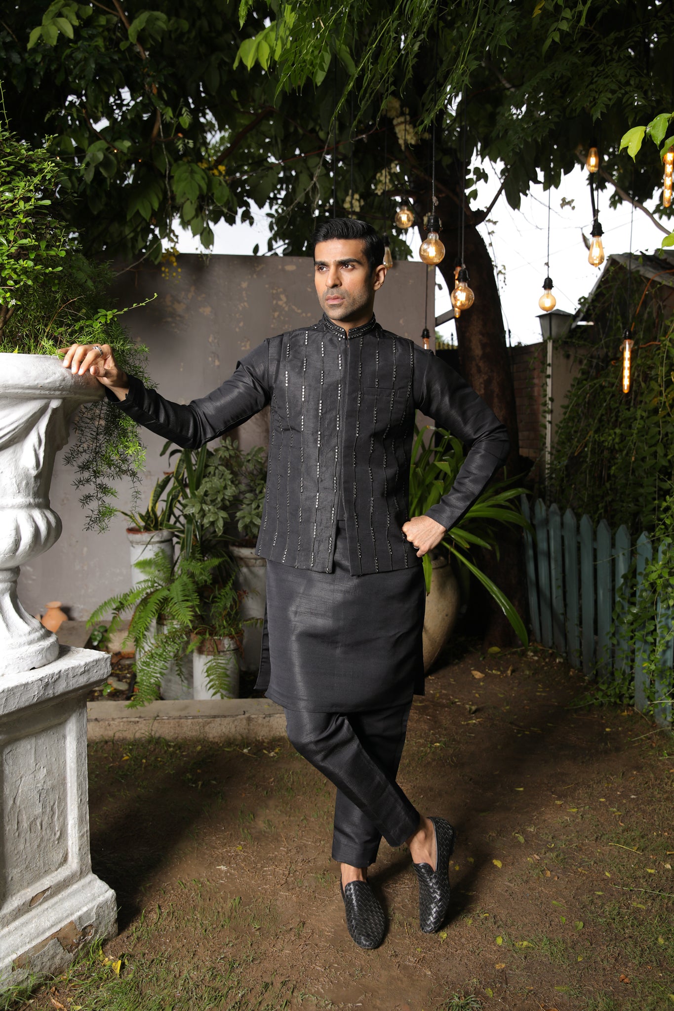 Black Panni Embroidered Raw Silk Waistcoat Kurta (3-Piece) - Image 1