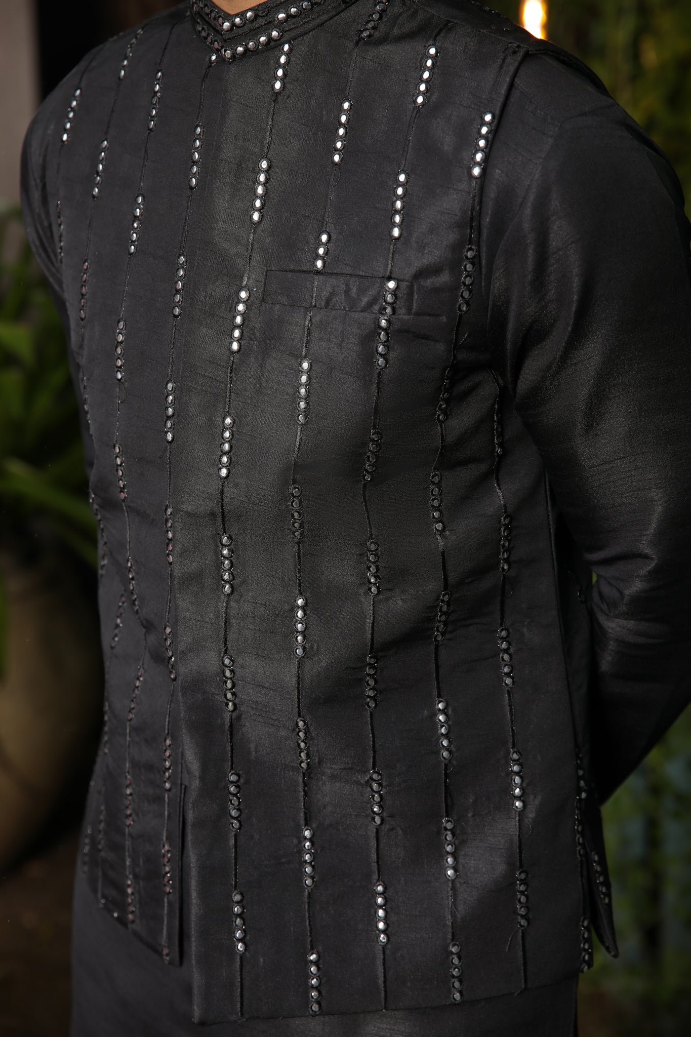 Black Panni Embroidered Raw Silk Waistcoat Kurta (3-Piece) - Image 2