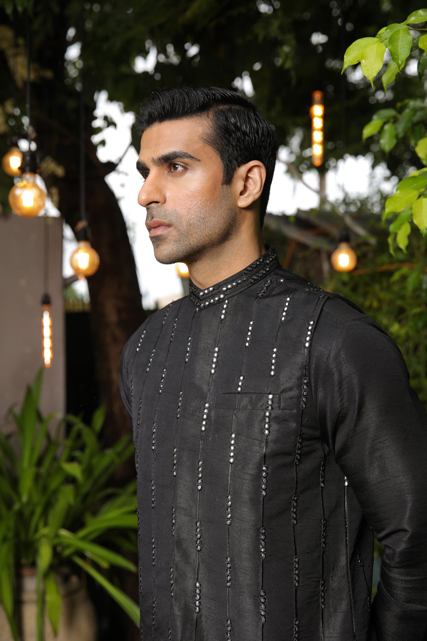 Black Panni Embroidered Raw Silk Waistcoat Kurta (3-Piece) - Image 3