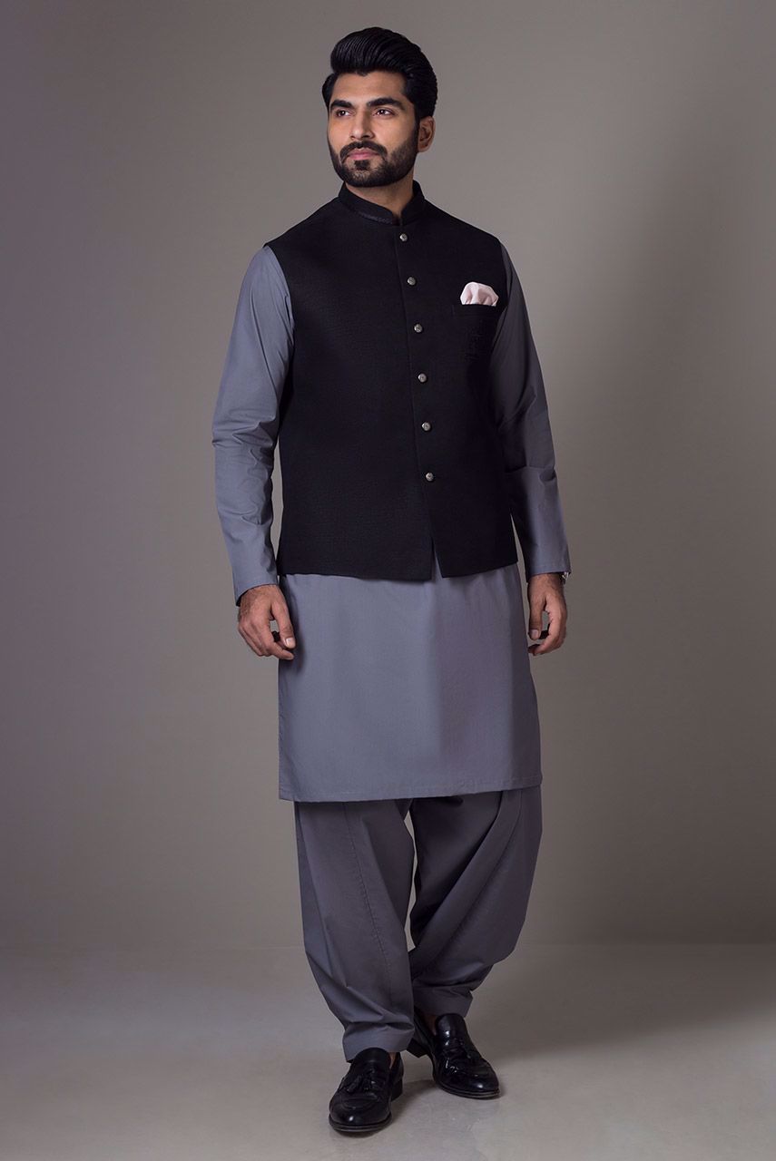 Black Embroidered Raw Silk Waistcoat (3-Piece) - Image 1