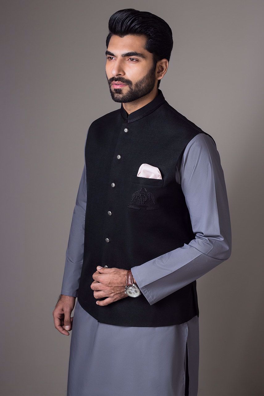 Black Embroidered Raw Silk Waistcoat (3-Piece) - Image 3