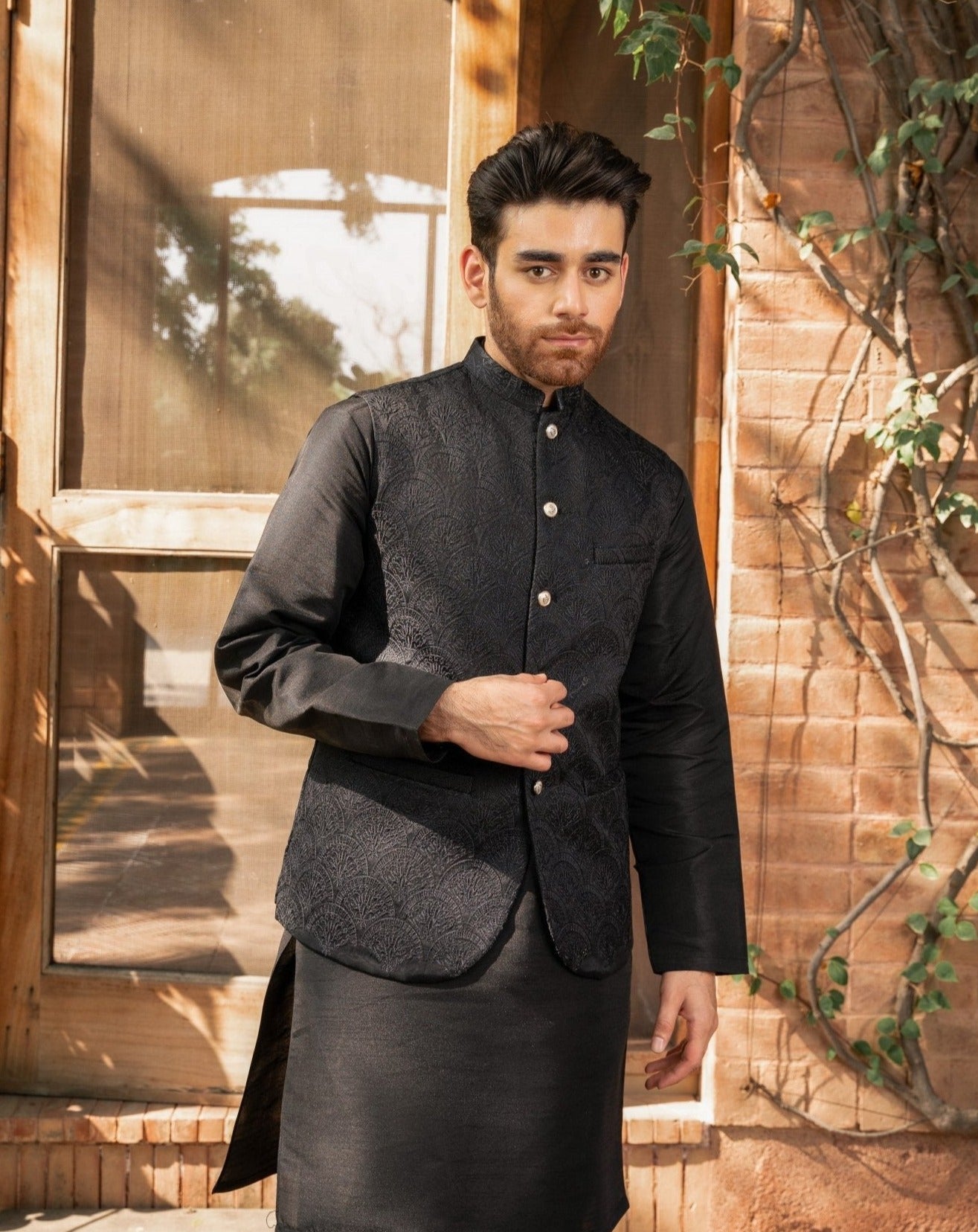 Black Embroidered Raw Silk Waistcoat Kurta (3-Piece) - Image 1
