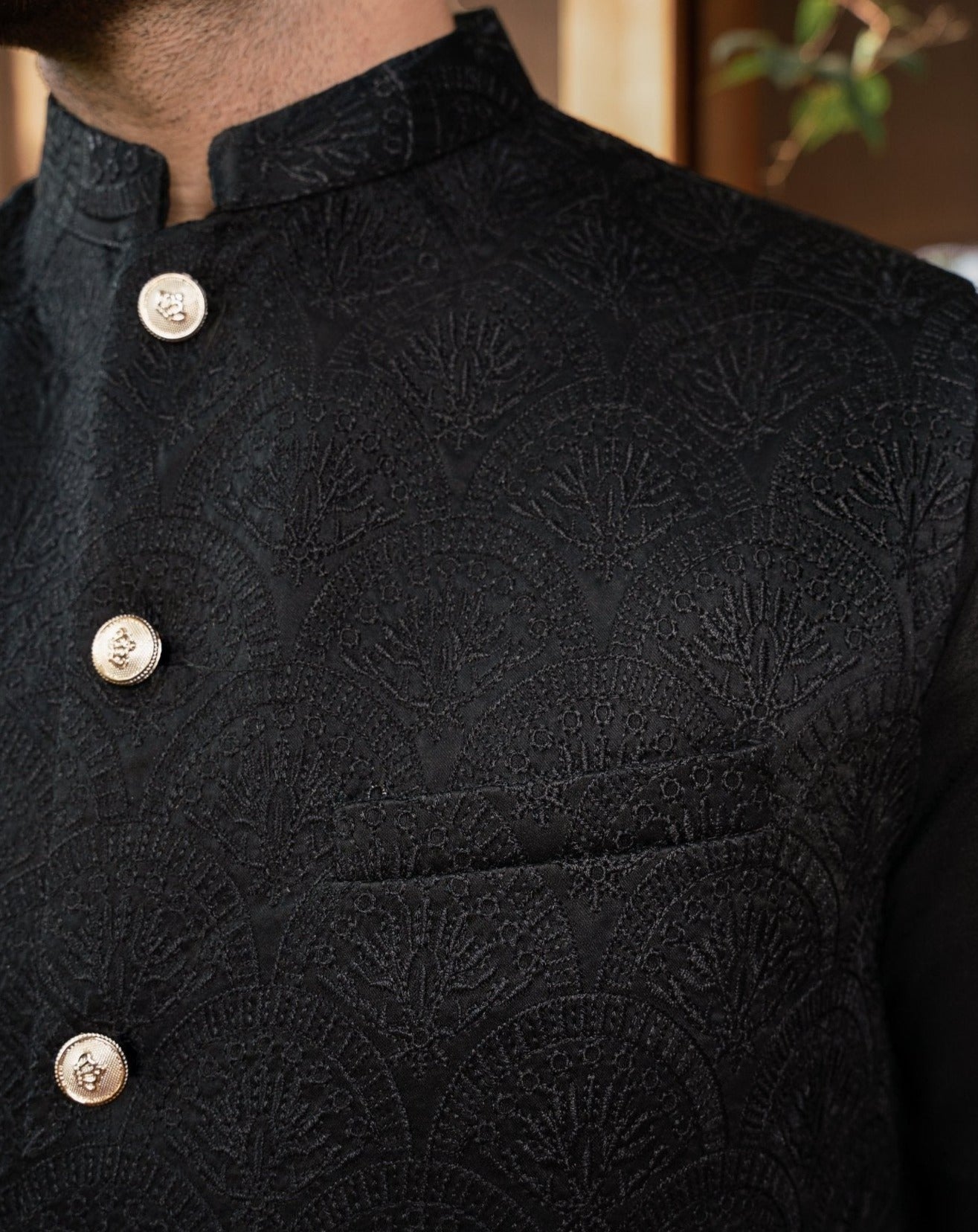 Black Embroidered Raw Silk Waistcoat Kurta (3-Piece) - Image 2
