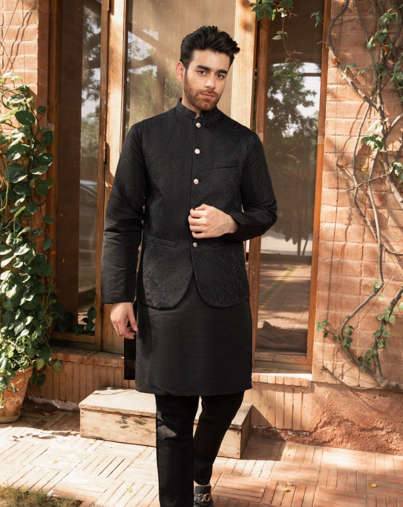 Black Embroidered Raw Silk Waistcoat Kurta (3-Piece) - Image 3