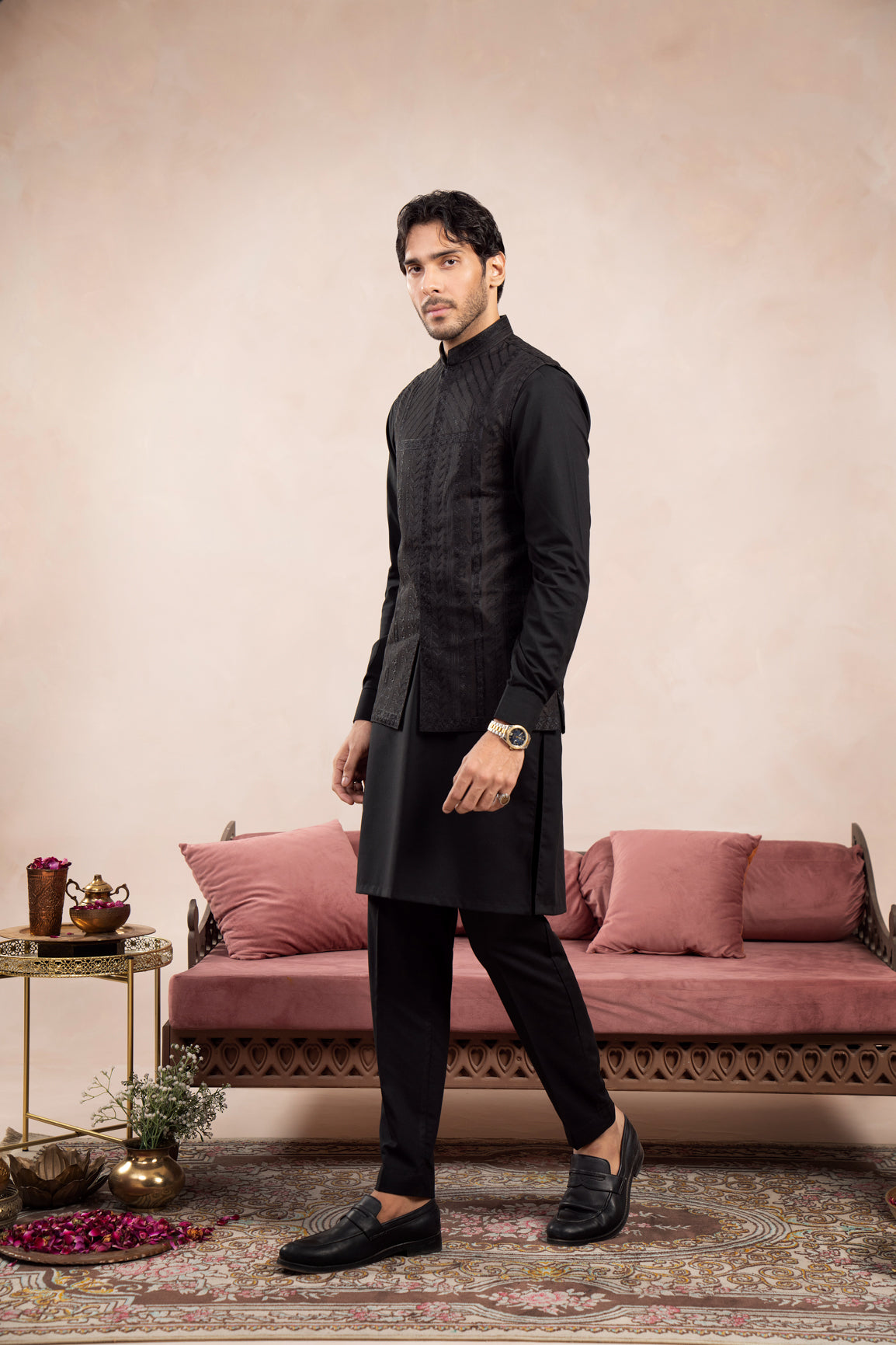 Black Embroidered Raw Silk Waistcoat Kurta (3-Piece) - Image 4