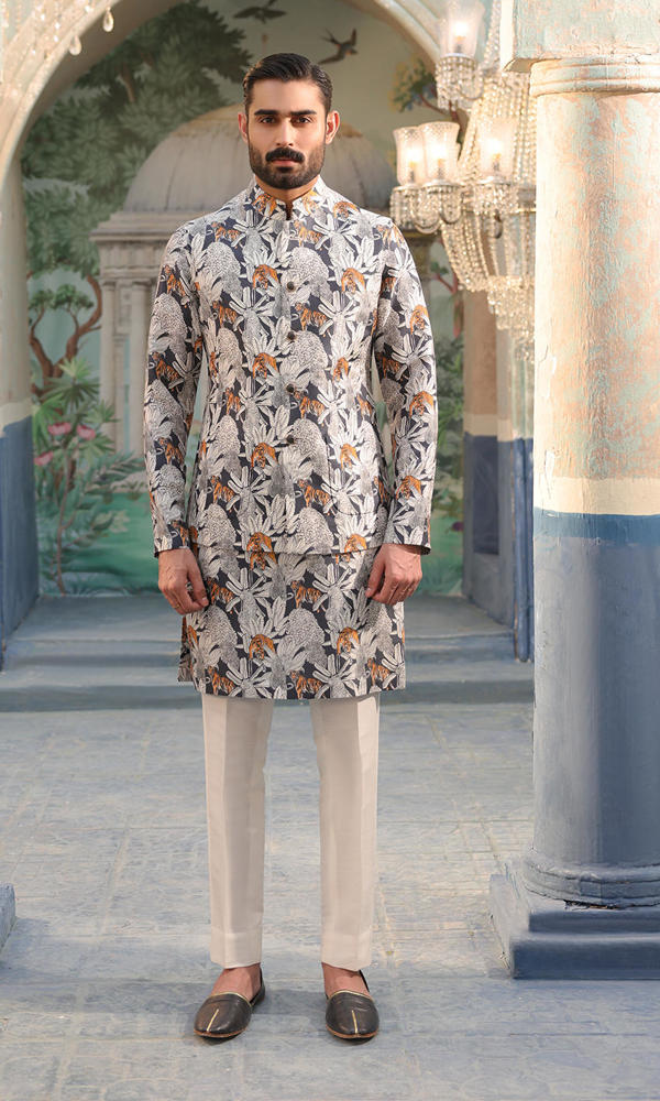 Charcoal Printed Raw Silk Waistcoat Kurta (3-Piece) - Image 2