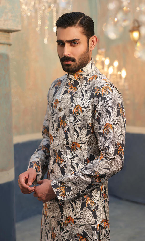 Charcoal Printed Raw Silk Waistcoat Kurta (3-Piece) - Image 5