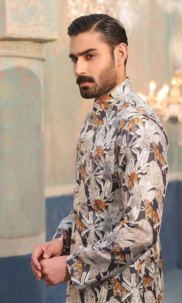 Charcoal Printed Raw Silk Waistcoat Kurta (3-Piece) - Image 6