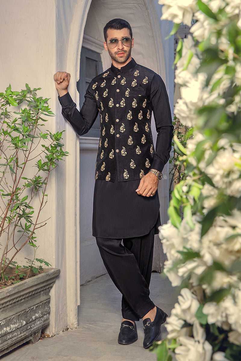 Black Embroidered Riyon Silk Waistcoat Kurta (3-Piece) - Image 1