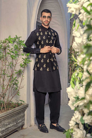 Black Embroidered Riyon Silk Waistcoat Kurta (3-Piece) - Image 3