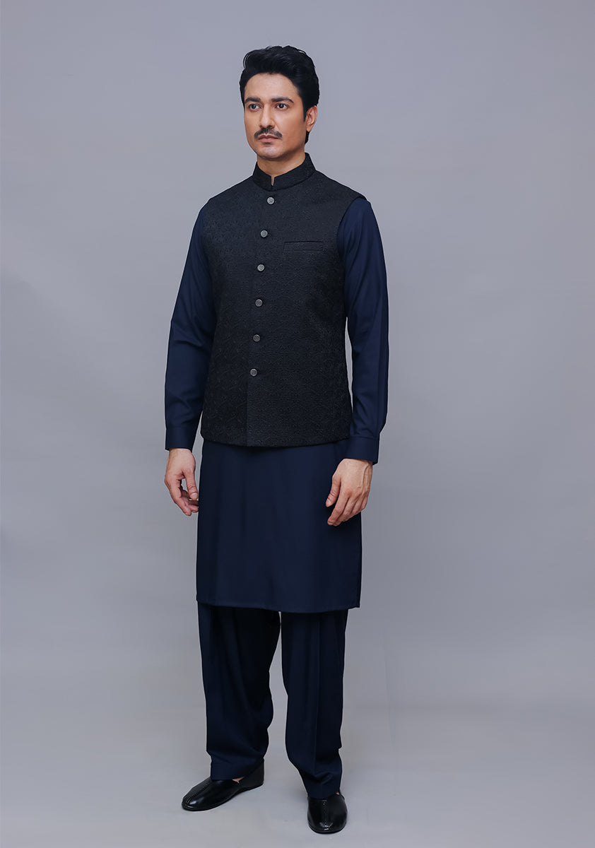 Black Satin Silk Waistcoat Kurta Set (3-Piece) - Image 1