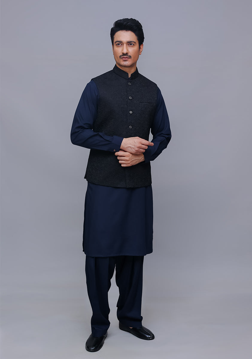 Black Satin Silk Waistcoat Kurta Set (3-Piece) - Image 2
