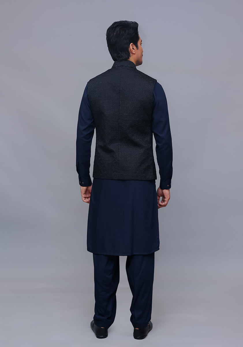 Black Satin Silk Waistcoat Kurta Set (3-Piece) - Image 3