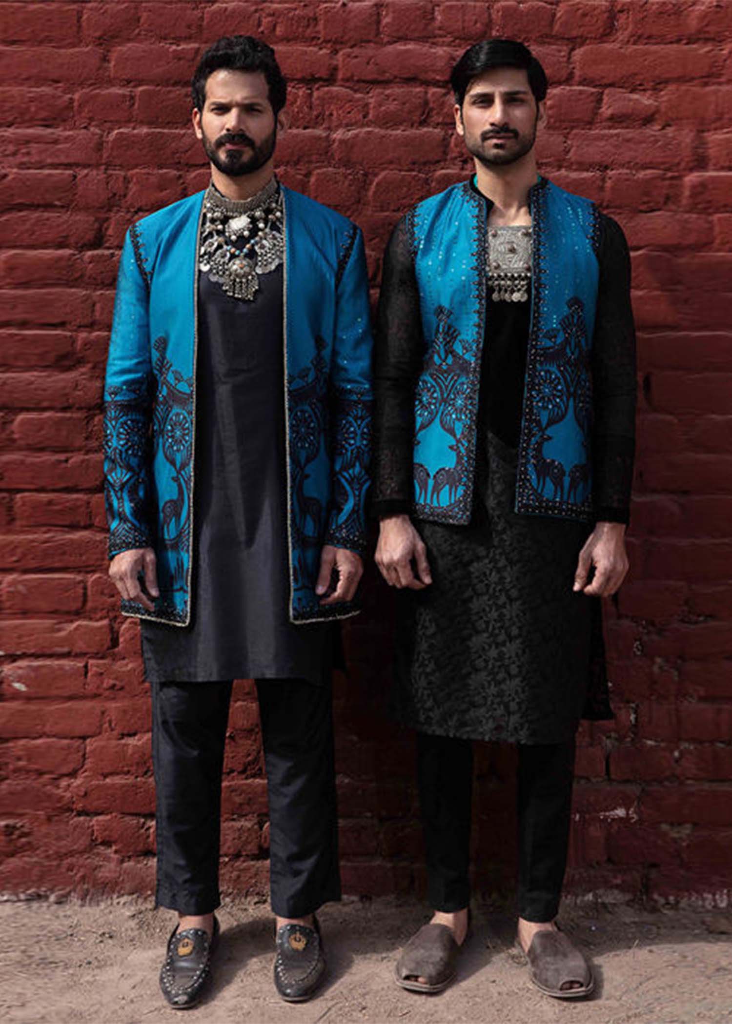 Black Aari & Sequin Cotton Net Kurta with Teal Waistcoat (3-Piece) - Image 2