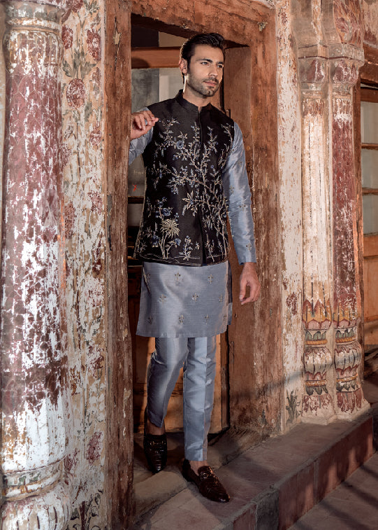 Black Floral Embroidered Silk-Blend Waistcoat Kurta (3-Piece) - Image 1