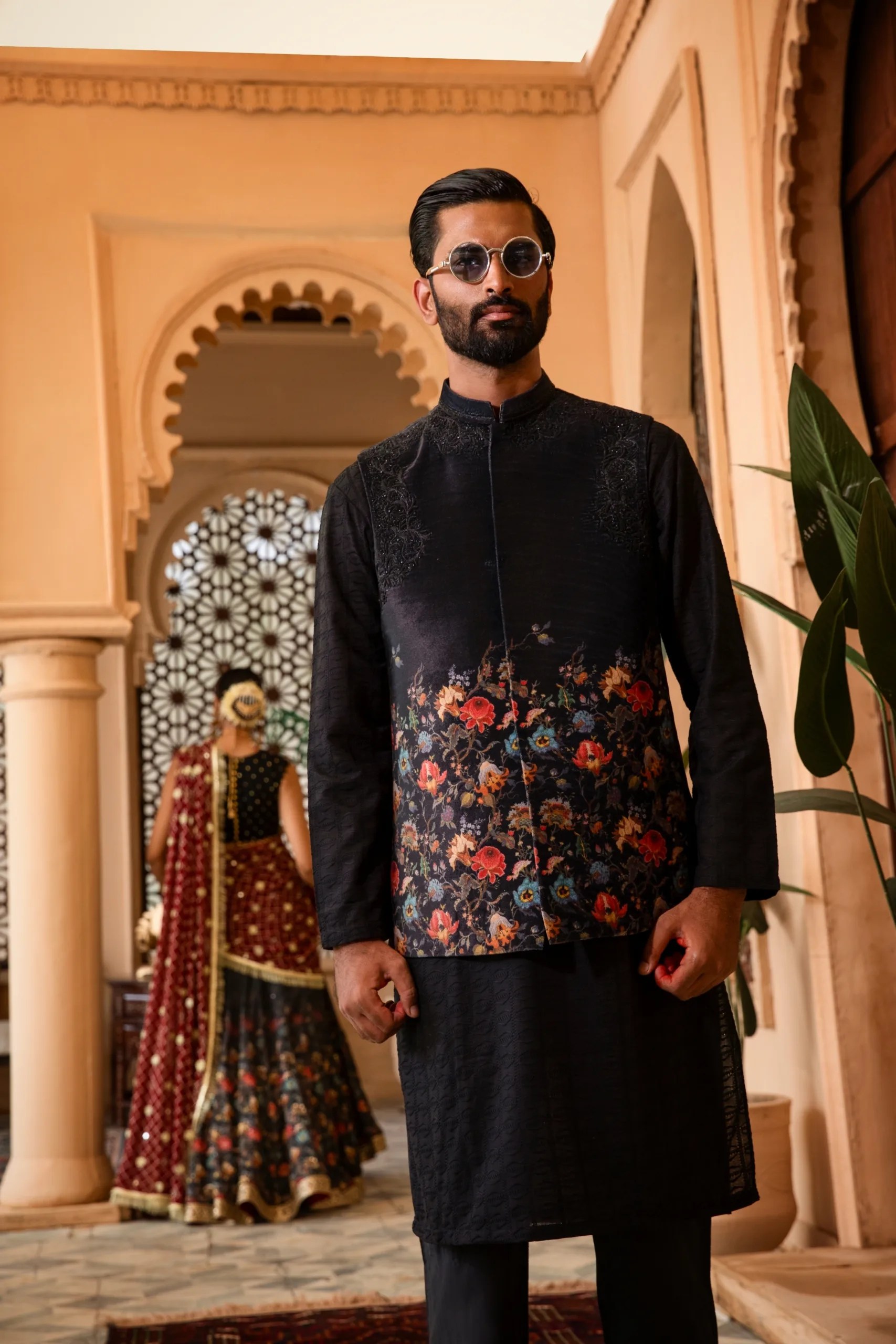 Black Embroidered Silk-Blend Waistcoat Kurta (3-Piece) - Image 2