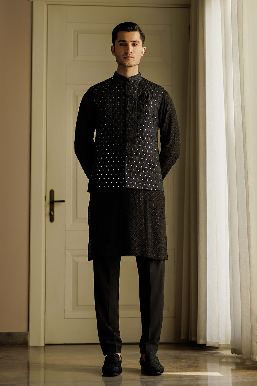 Black Embroidered Silk-Blend Waistcoat (3-Piece) - Image 1