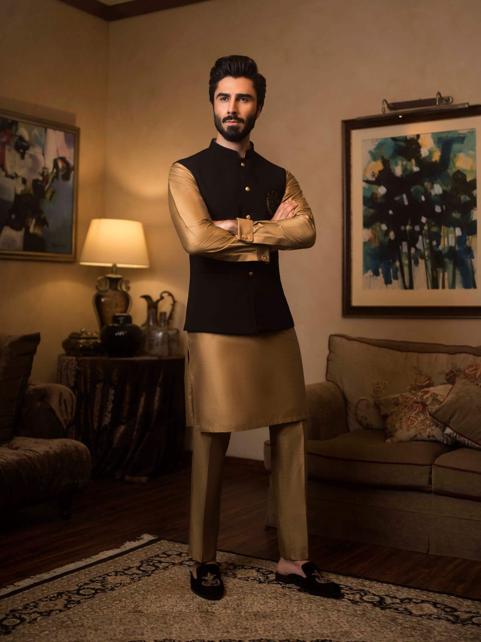 Black Waistcoat with Gold Silk-Blend Kurta Pajama (3-Piece) - Image 2