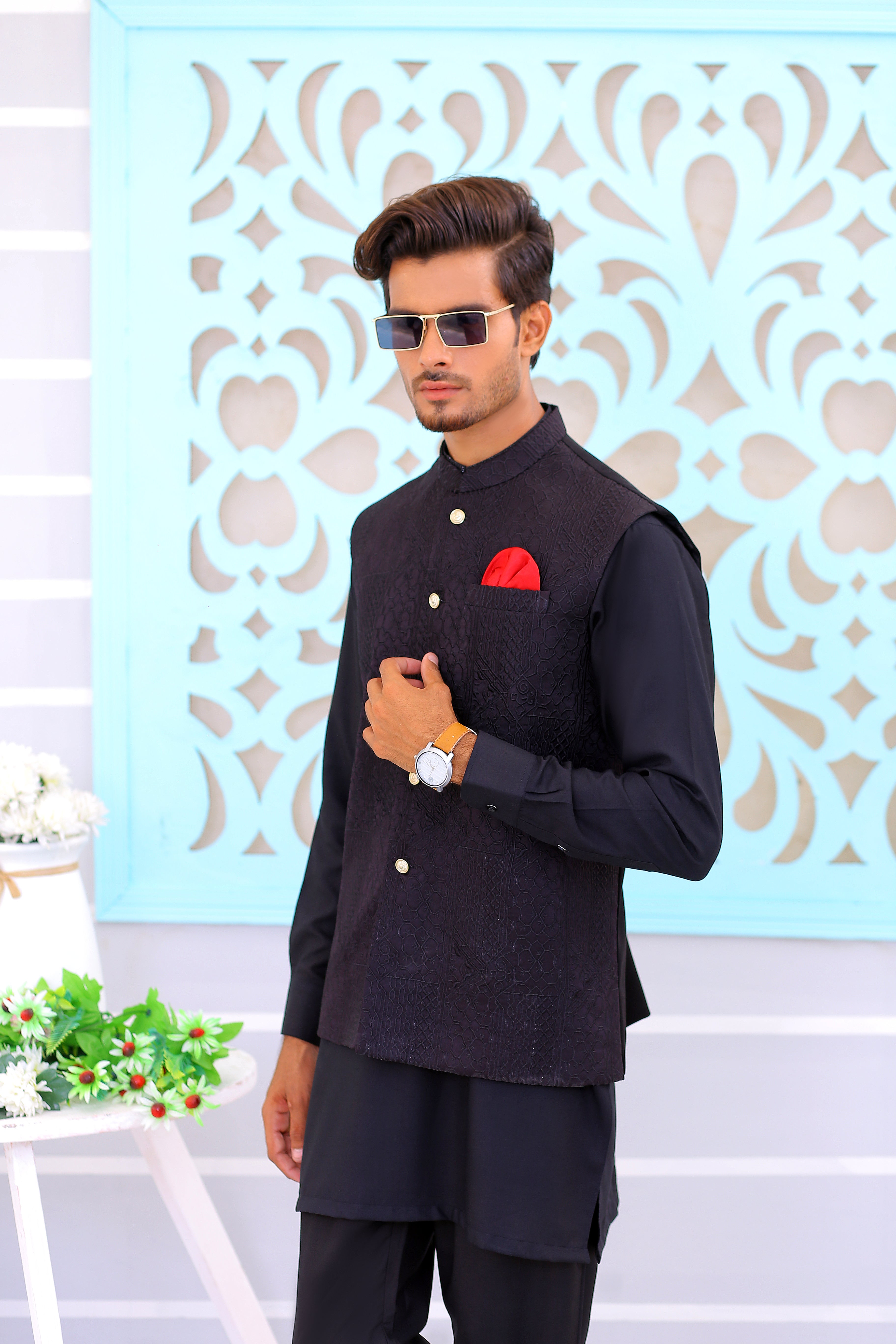 Black Textured Silk-Blend Waistcoat Kurta (3-Piece) - Image 1
