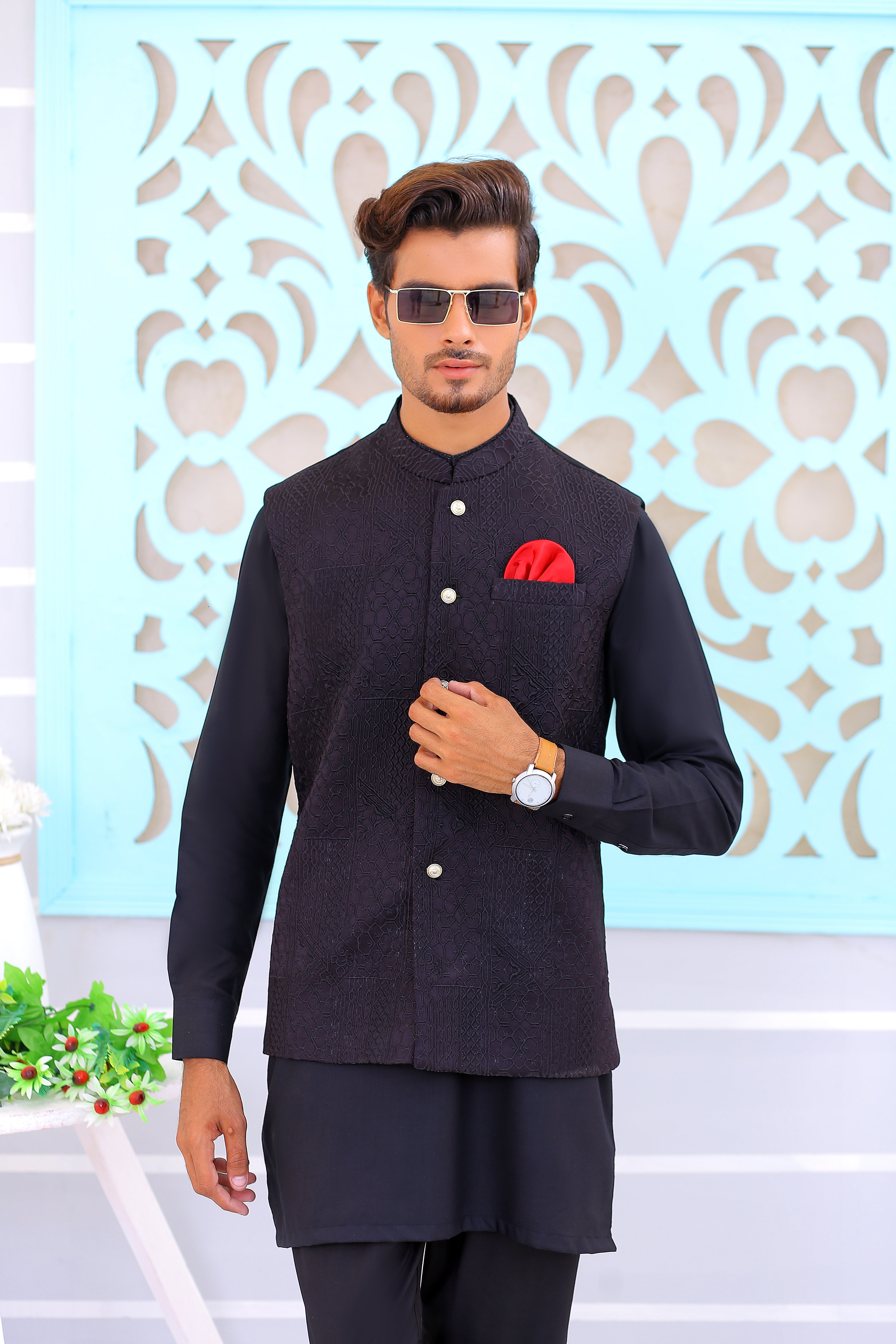 Black Textured Silk-Blend Waistcoat Kurta (3-Piece) - Image 2