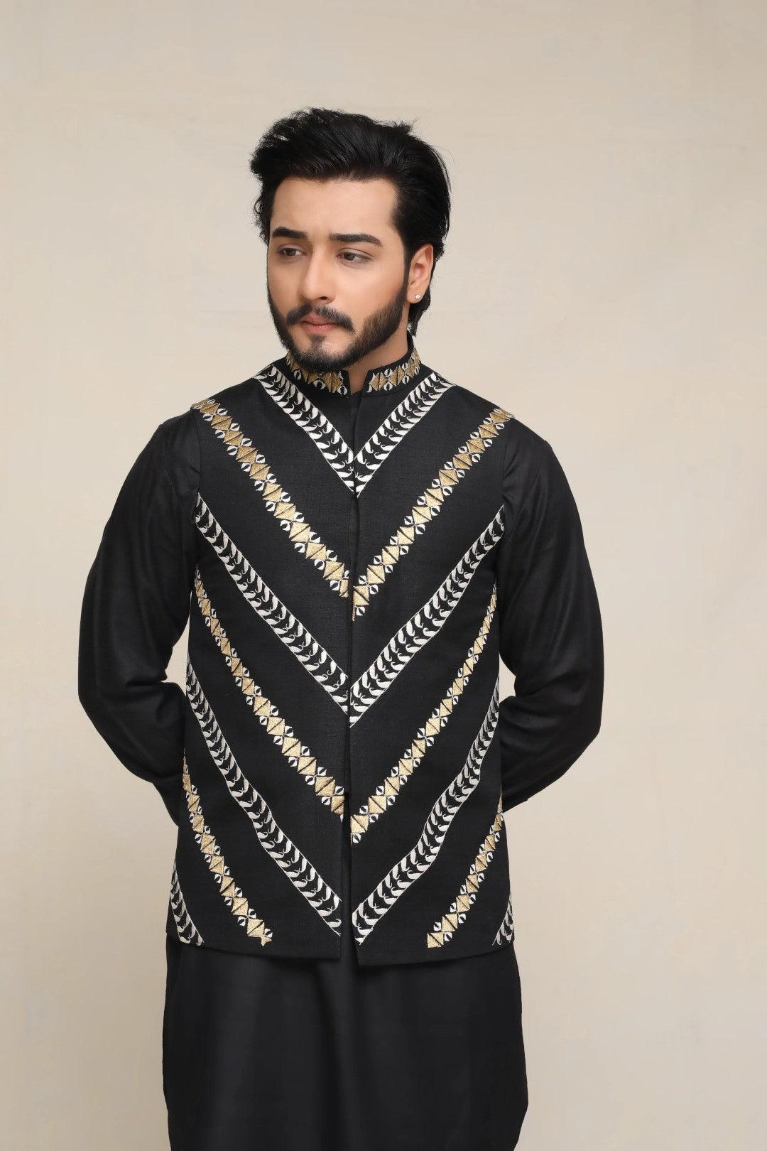 Black Embroidered Silk Waistcoat Kurta (3-Piece) - Image 3