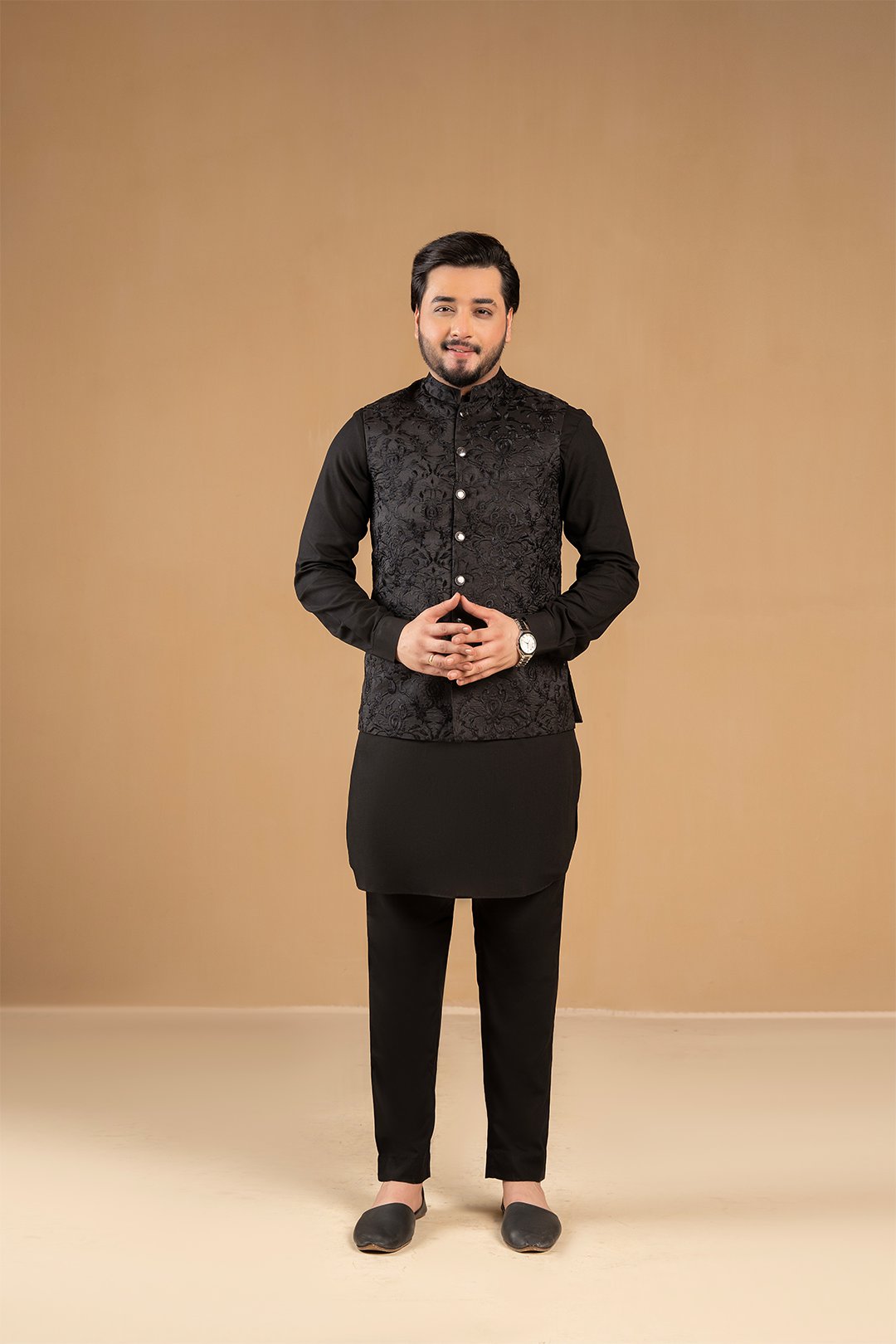 Black Embroidered Silk Waistcoat Kurta Set (3-Piece) - Image 1