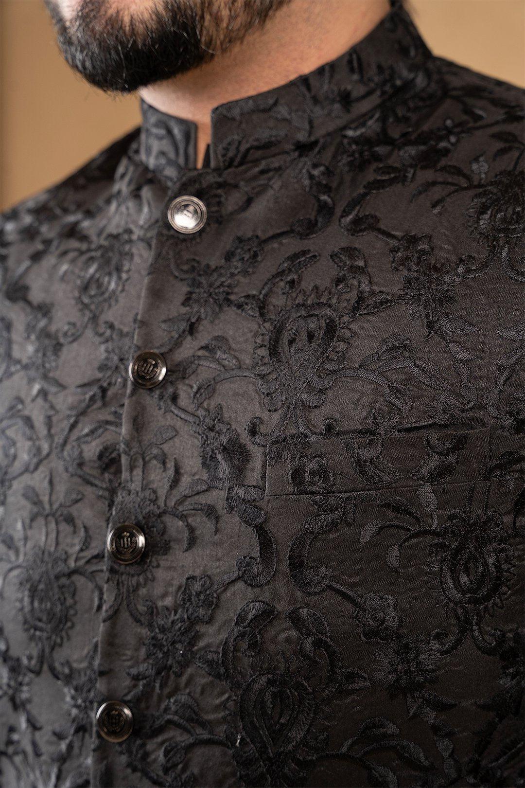 Black Embroidered Silk Waistcoat Kurta Set (3-Piece) - Image 2