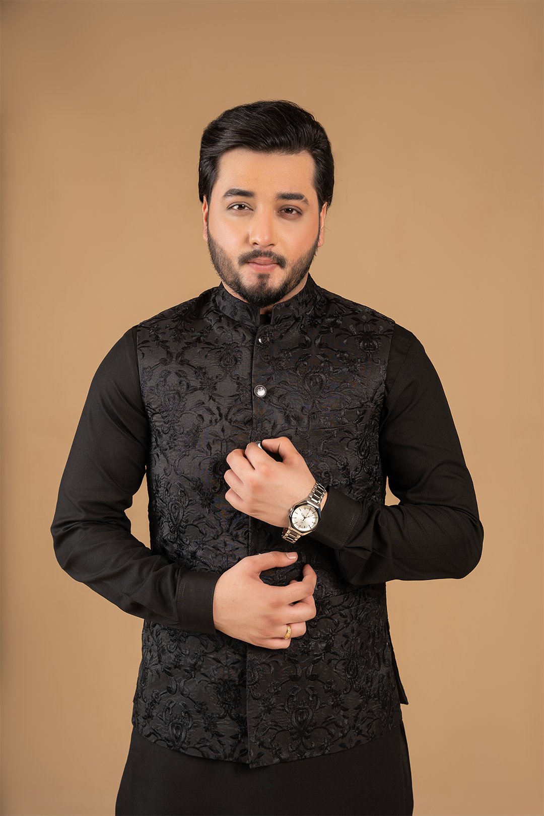 Black Embroidered Silk Waistcoat Kurta Set (3-Piece) - Image 4