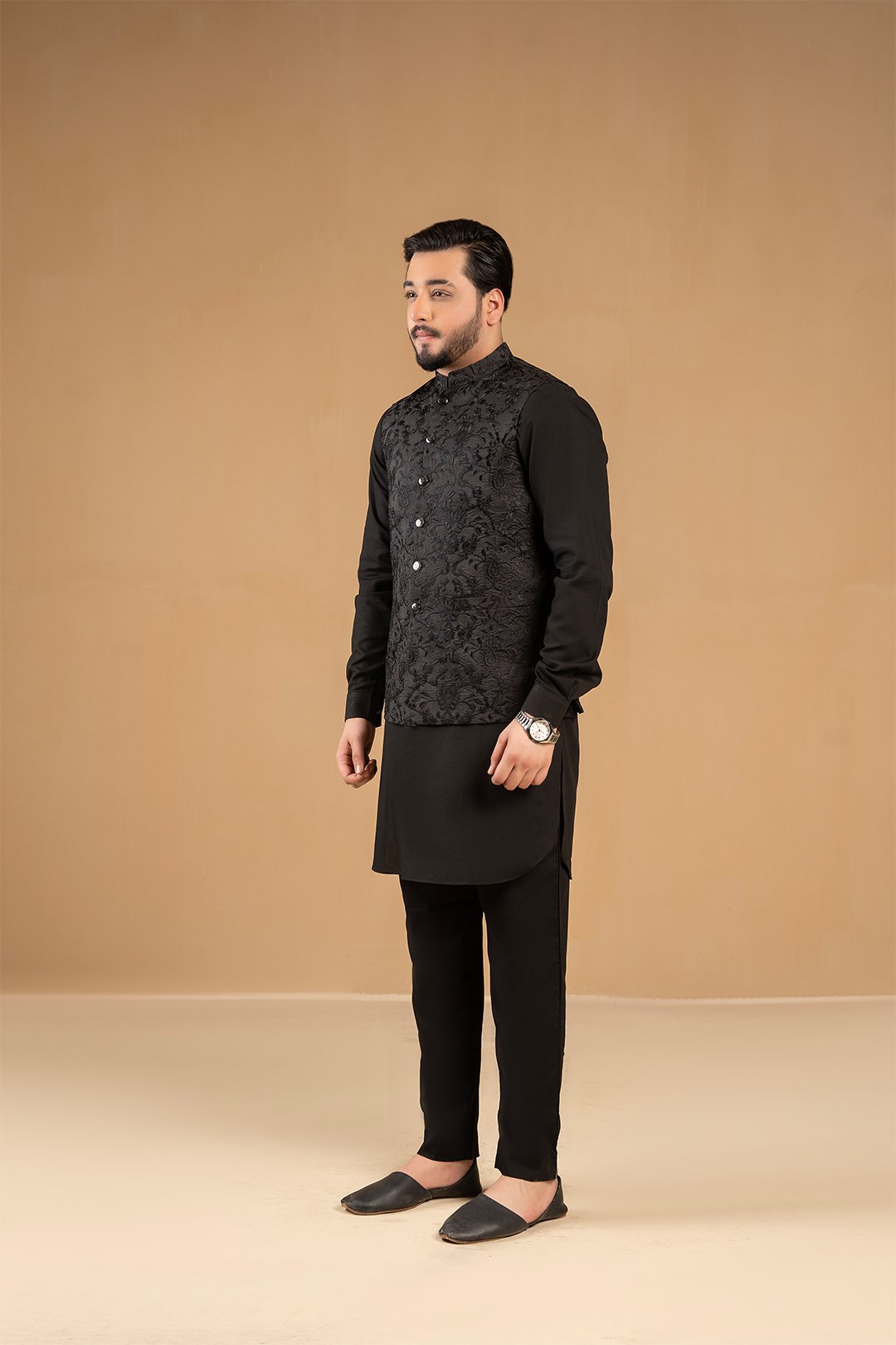 Black Embroidered Silk Waistcoat (3-Piece) - Image 3
