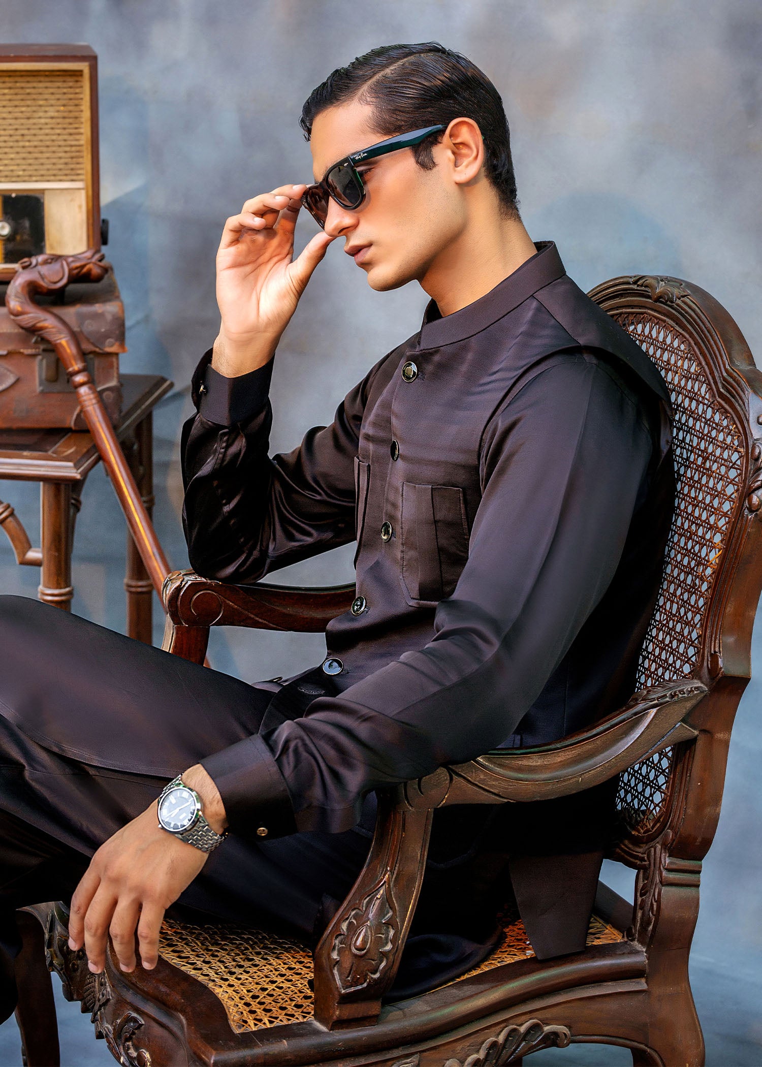 Black Silk Waistcoat Kurta Set (3-Piece) - Image 2