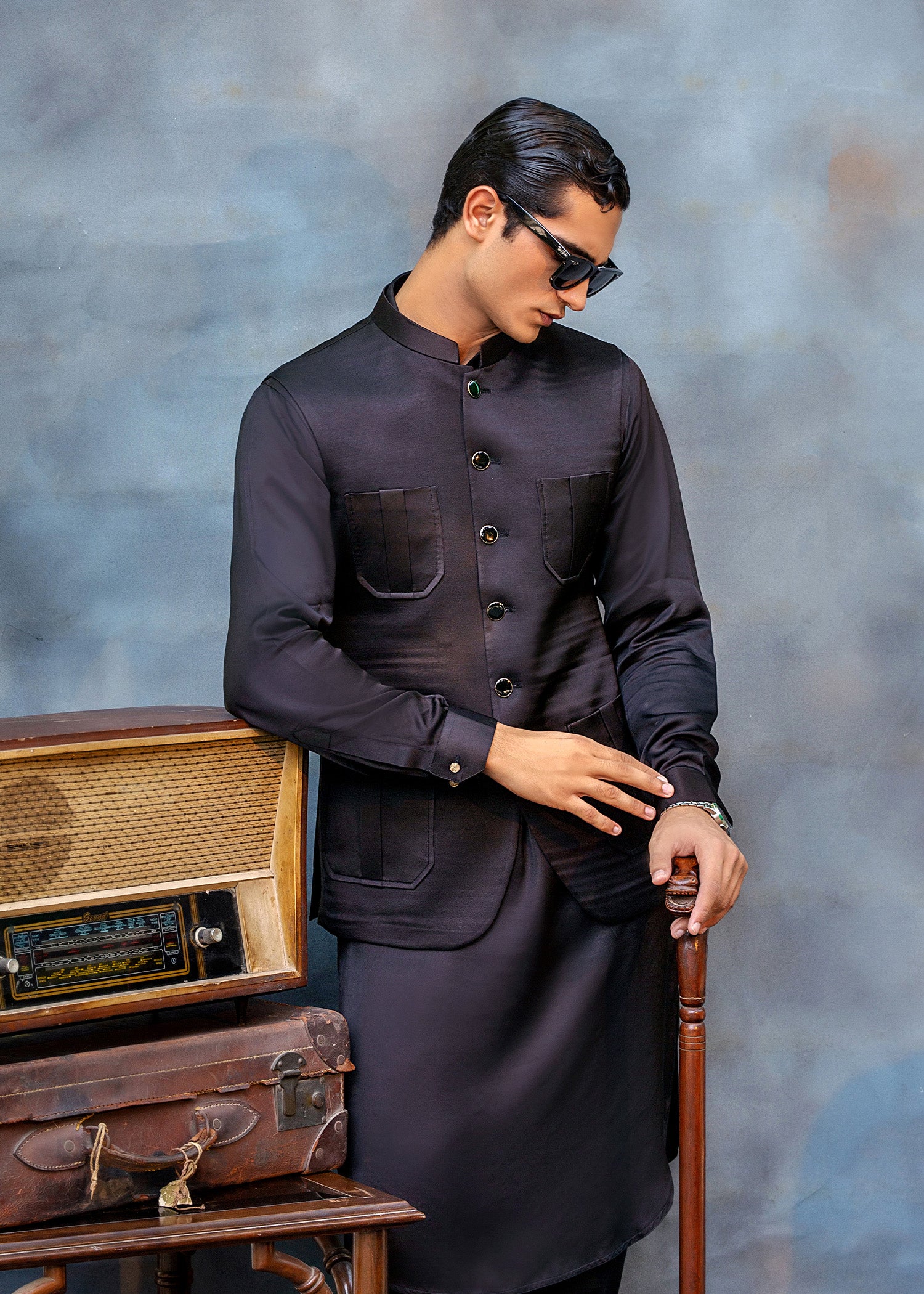 Black Silk Waistcoat Kurta Set (3-Piece) - Image 3