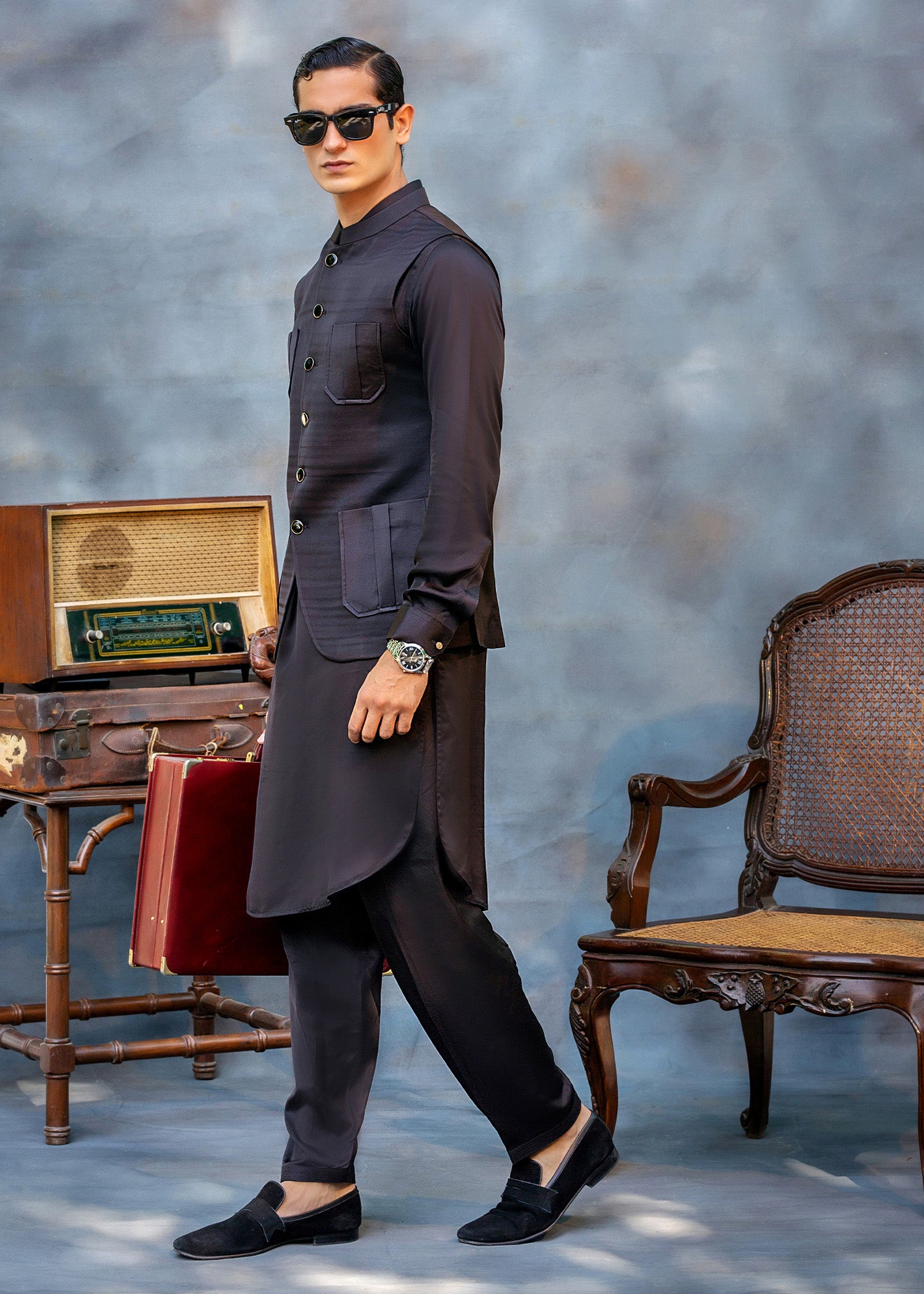 Black Silk Waistcoat Kurta Set (3-Piece) - Image 4