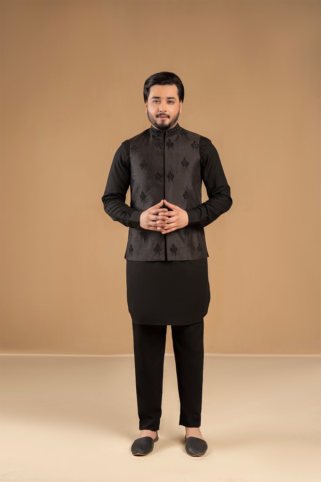 Black Embroidered Silk Waistcoat (3-Piece) - Image 1