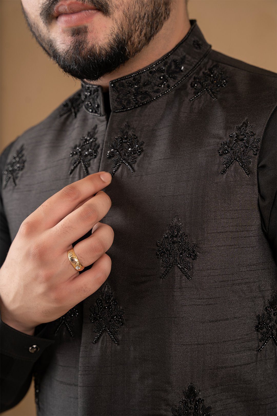 Black Embroidered Silk Waistcoat (3-Piece) - Image 2