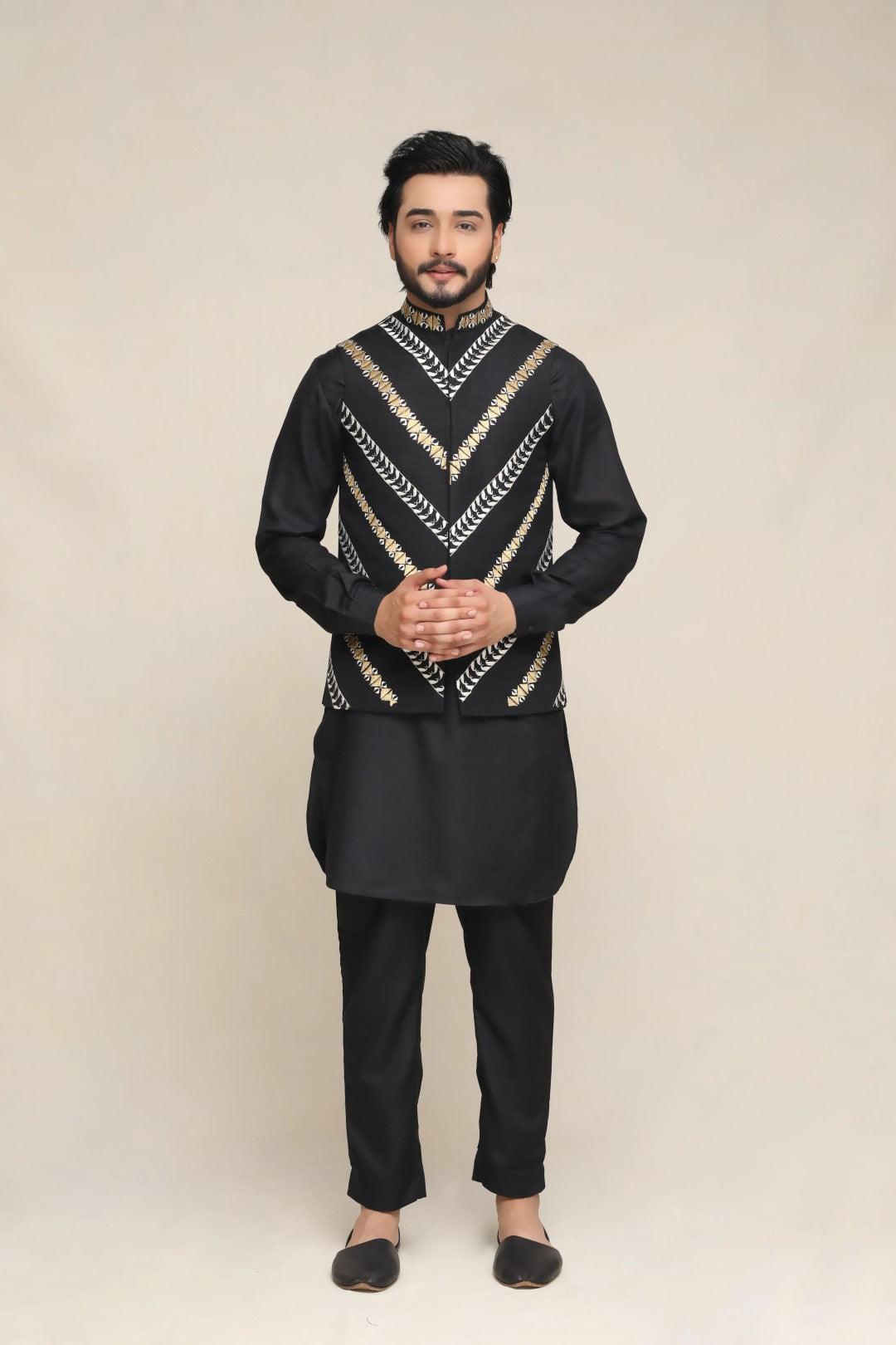 Black Embroidered Silk Waistcoat Kurta Pajama (3-Piece) - Image 1