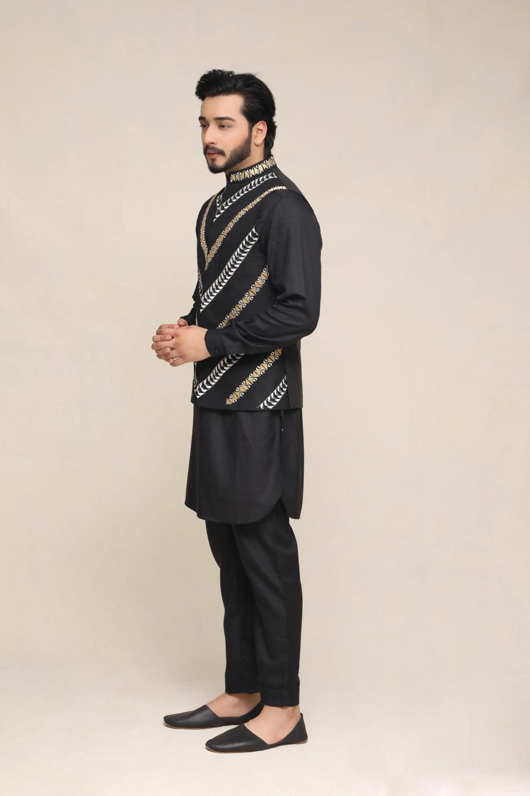Black Embroidered Silk Waistcoat Kurta Pajama (3-Piece) - Image 2