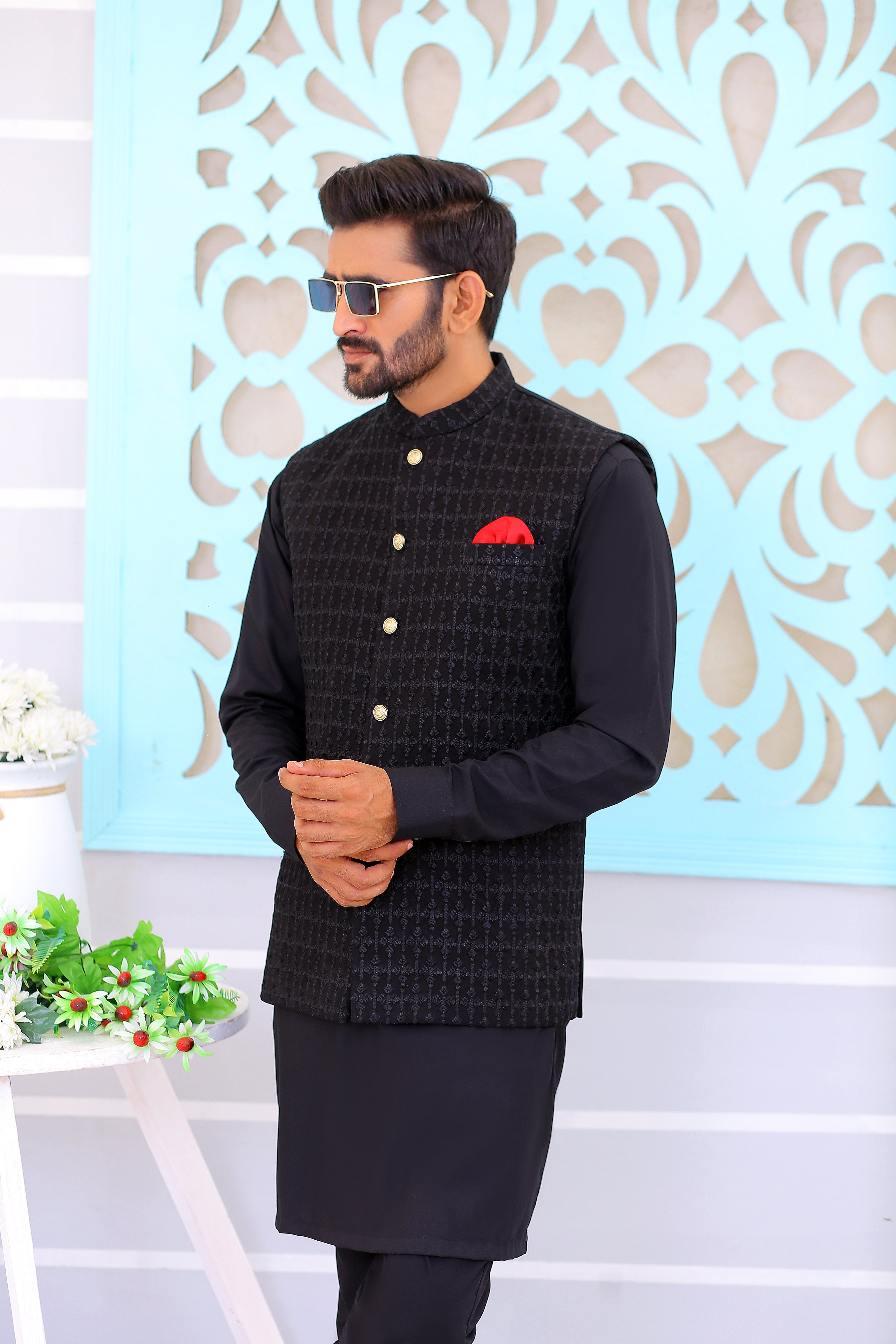 Black Patterned Waistcoat Kurta Pajama (3-Piece) - Image 1