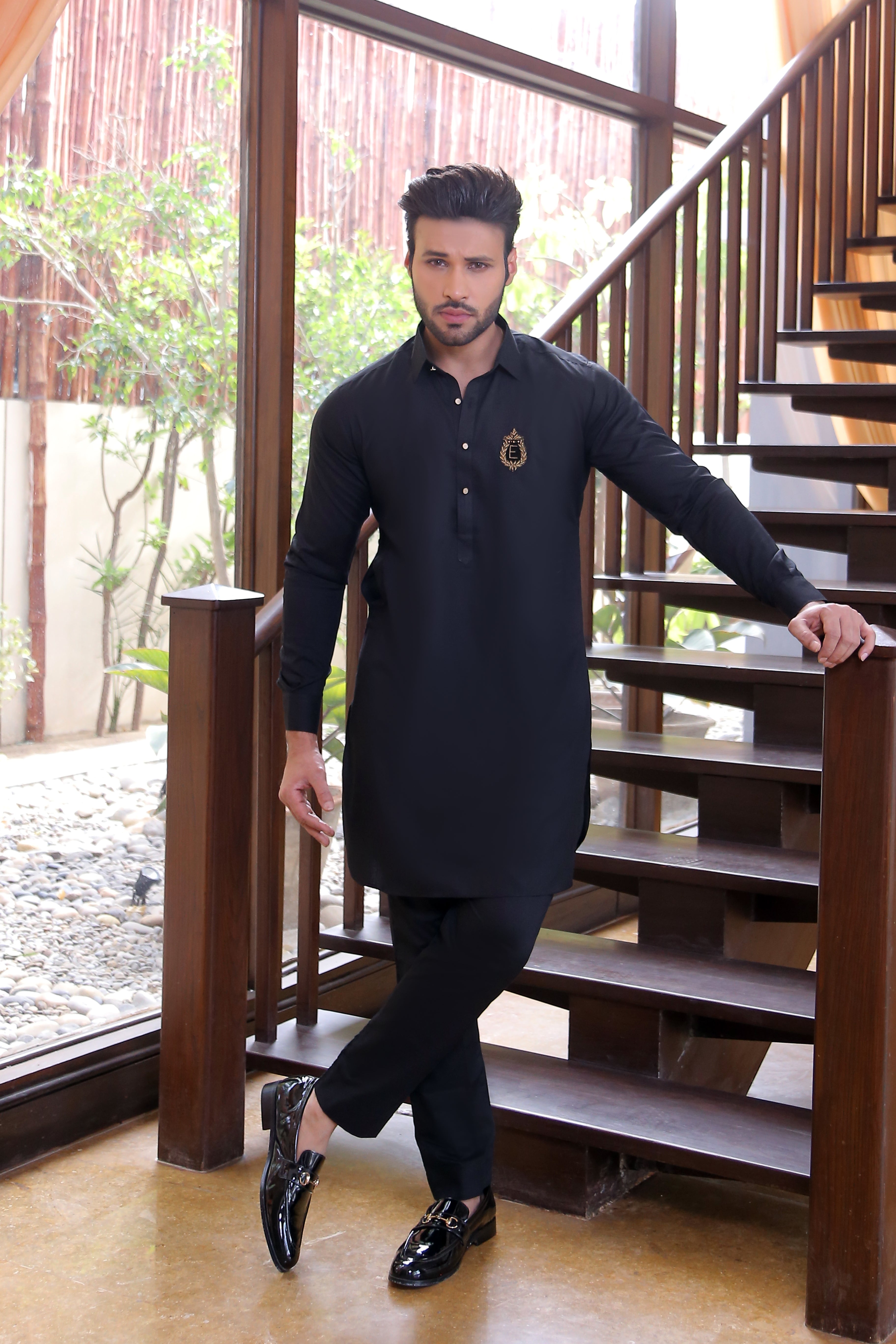 Black Monogram Embroidered Suiting-Blend Waistcoat Kurta (3-Piece) - Image 1