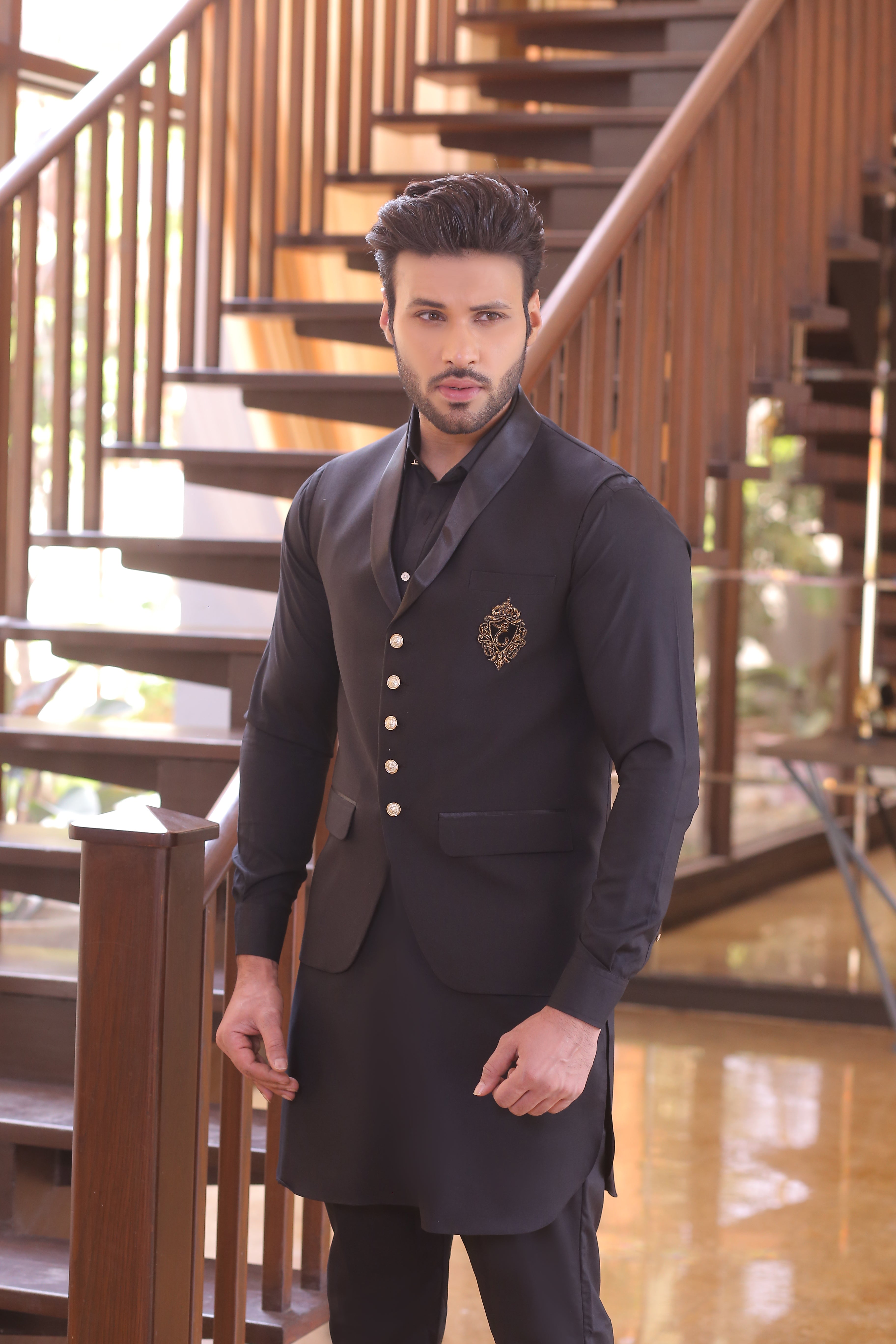 Black Monogram Embroidered Suiting-Blend Waistcoat Kurta (3-Piece) - Image 2