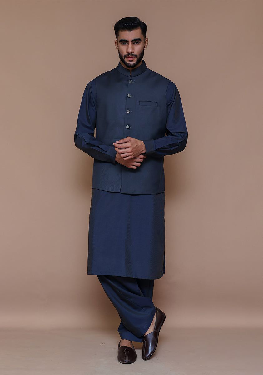 Ebony Suiting Fabric Waistcoat Kurta Set (3-Piece) - Image 1