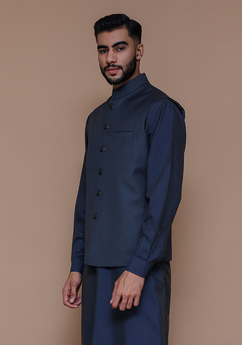 Ebony Suiting Fabric Waistcoat Kurta Set (3-Piece) - Image 2
