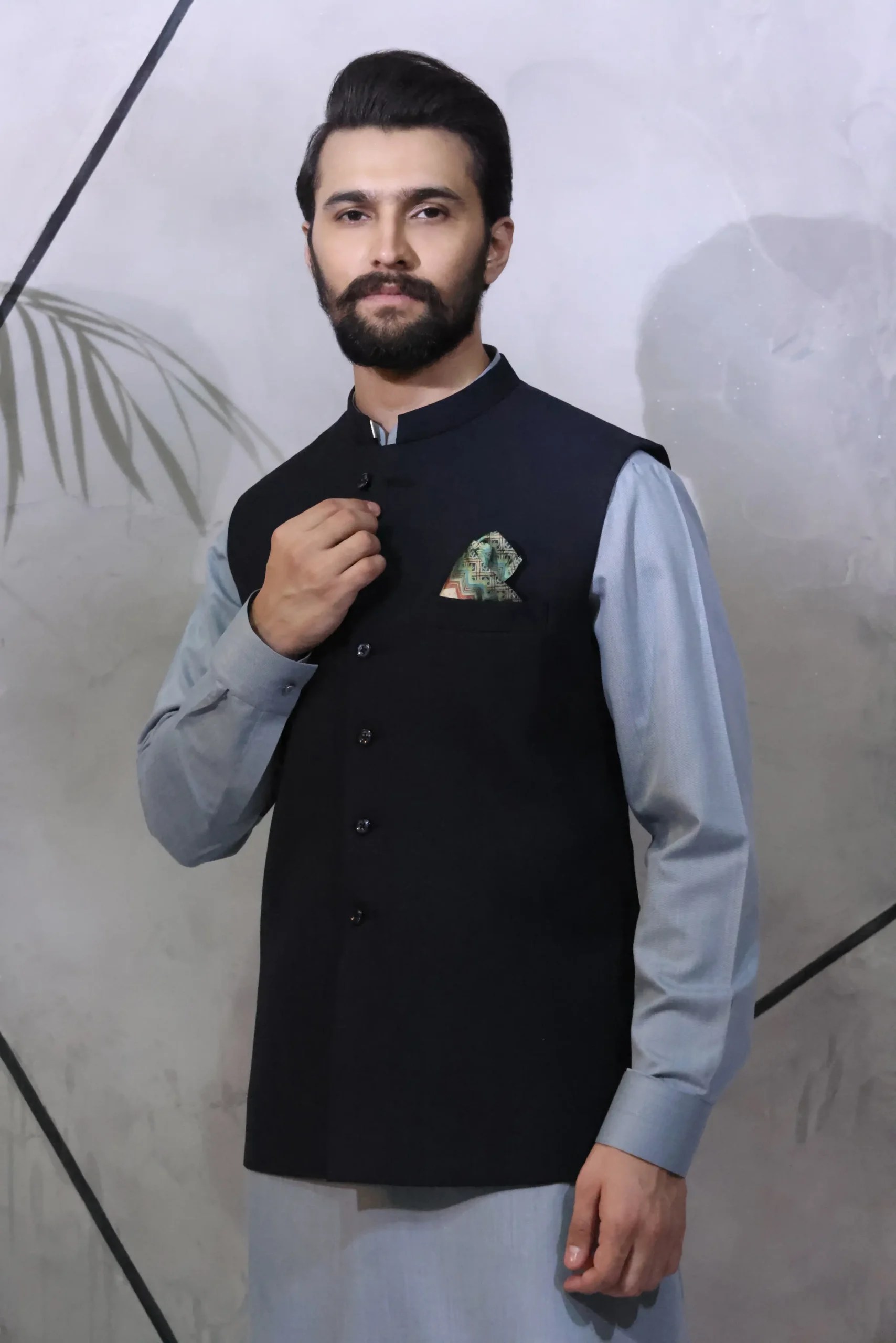 Black Waistcoat with Steel Blue Kurta Pajama (3-Piece) - Image 1
