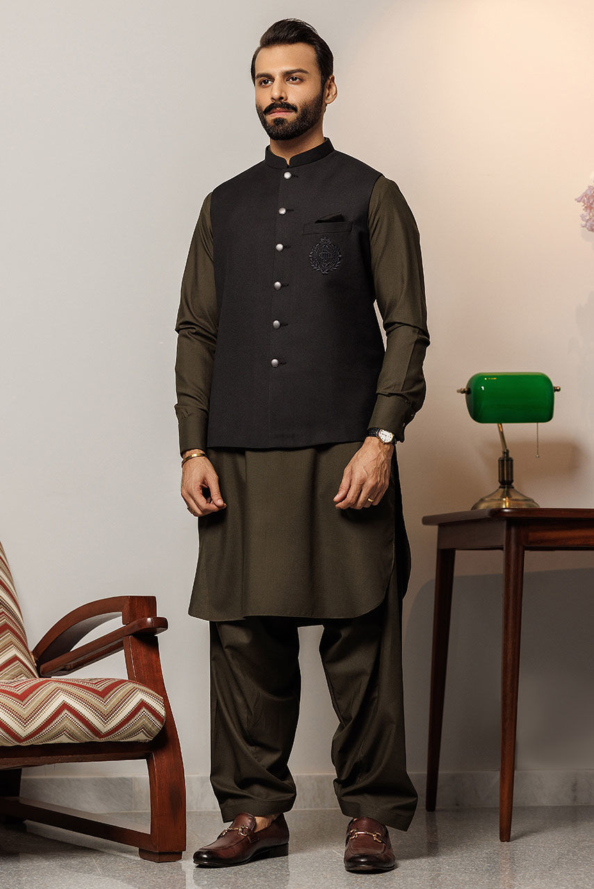 Black Embroidered Suiting Waistcoat (3-Piece) - Image 2