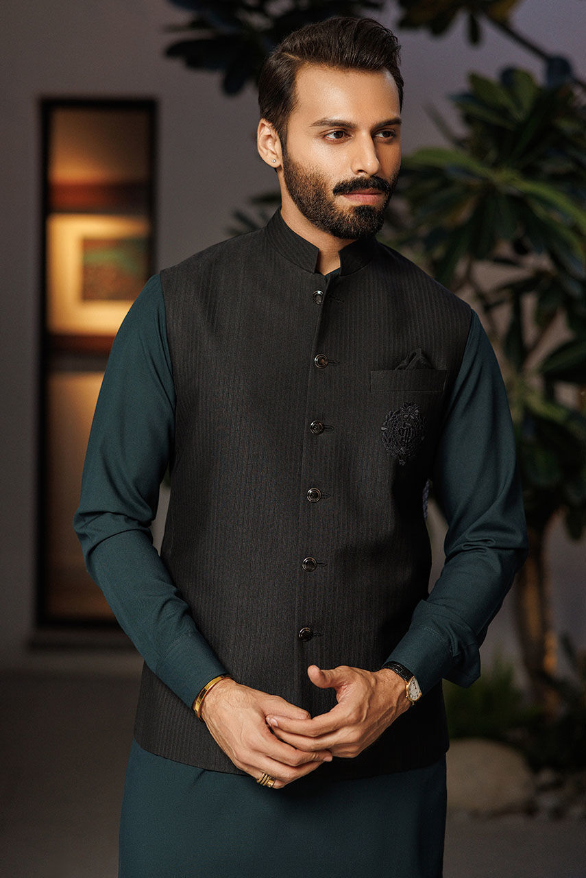Black Embroidered Suiting Waistcoat (3-Piece) - Image 1