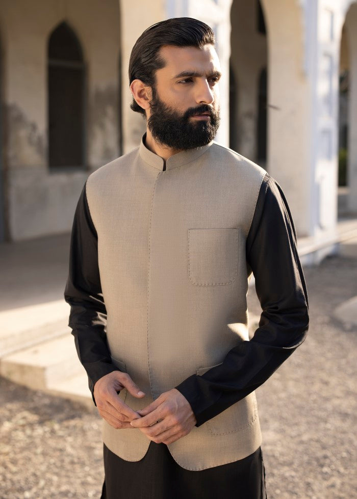 Black Suiting Fabric Waistcoat Kurta (3-Piece) - Image 1