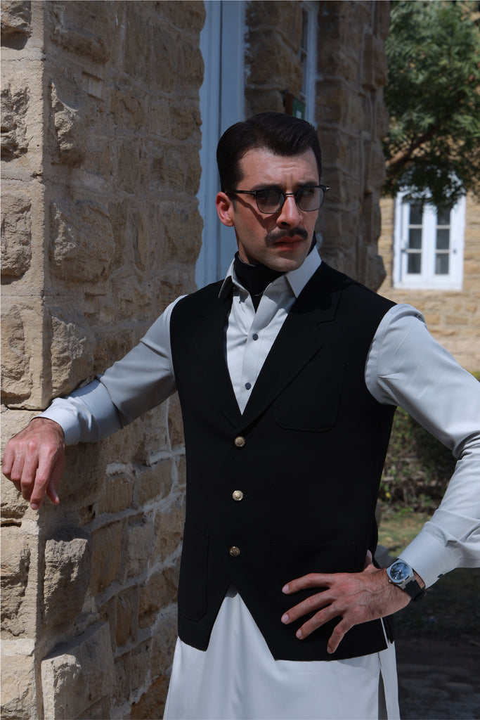 Black Suiting Waistcoat Kurta with Golden Buttons (3-Piece) - Image 1