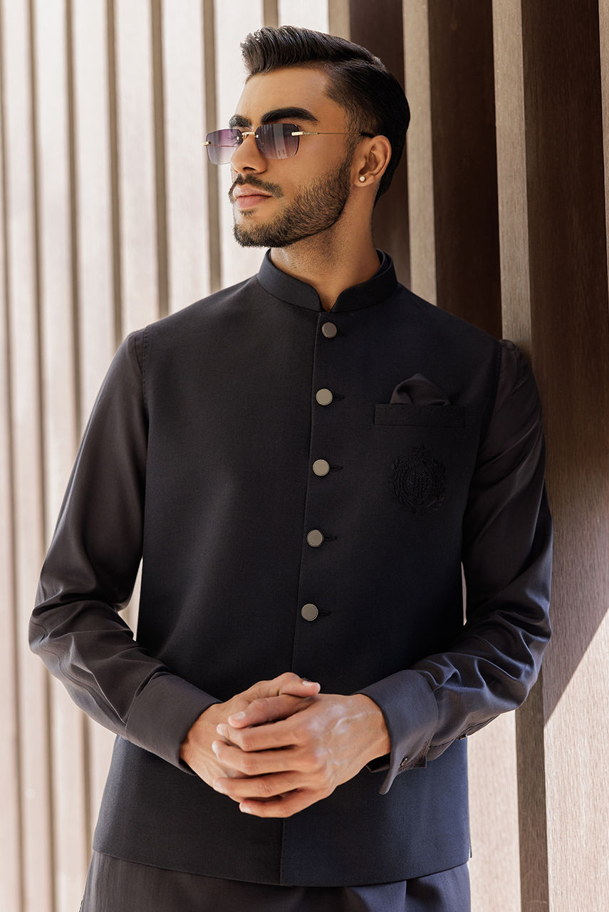 Black Thread Work Suiting Waistcoat (Waistcoat Only) - Image 1