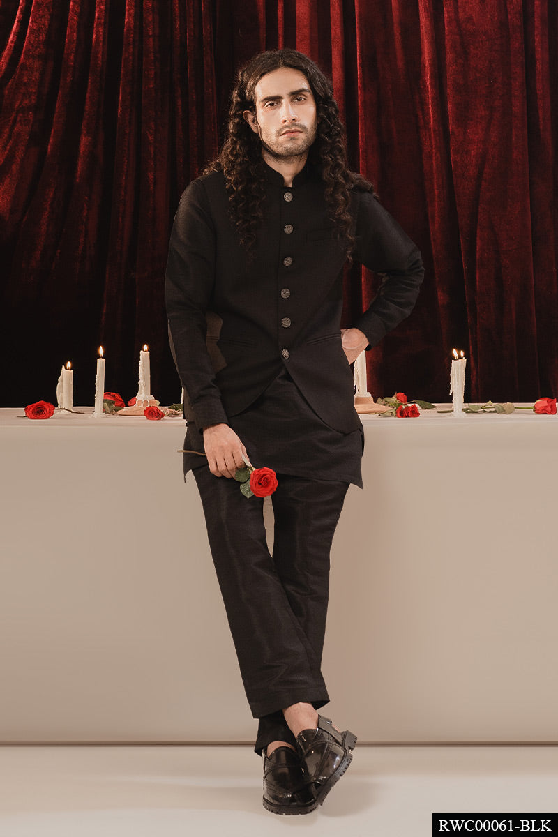 Black Structured Suiting Waistcoat Kurta (3-Piece) - Image 1